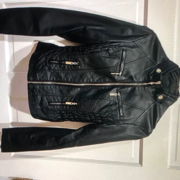 Women’s guess faux leather black moto style jacket with gold accents - Picture 1 of 5